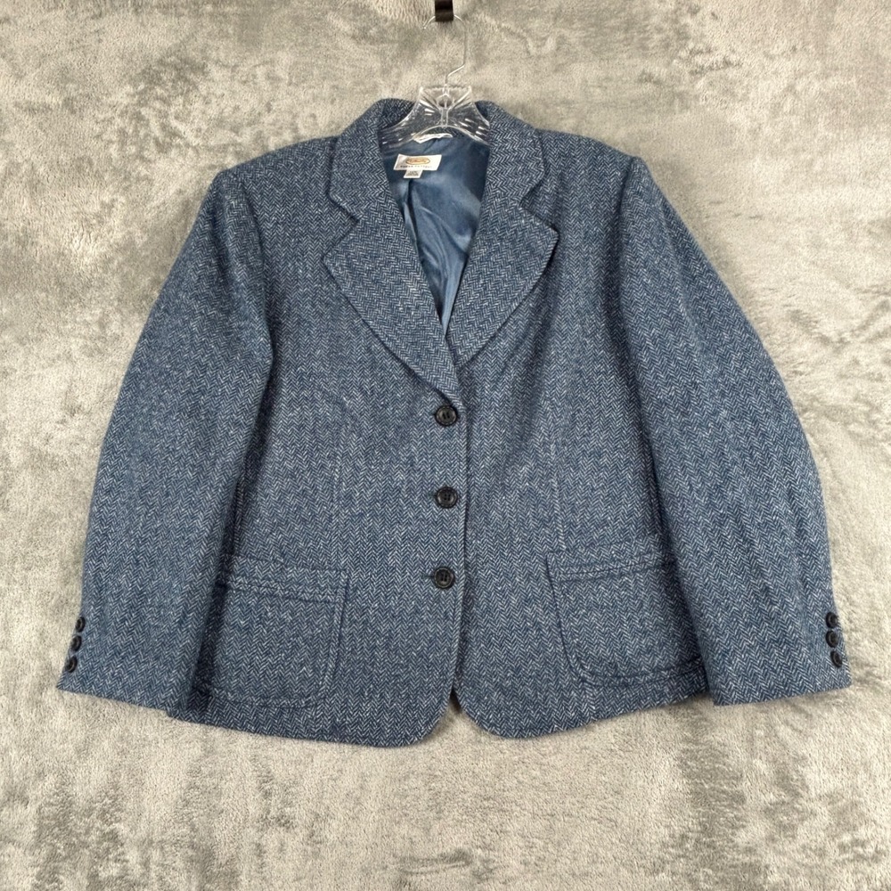Talbots Petites Herringbone Wool Blazer Womens 14W Blue Italian Fabric Lined